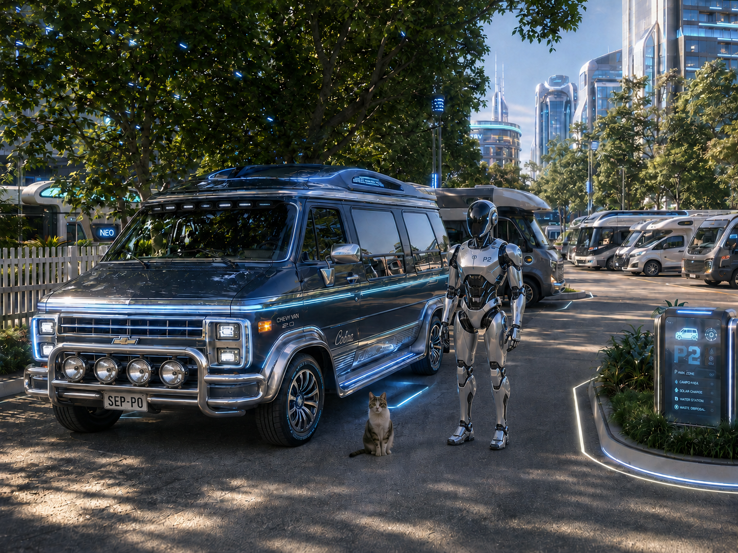 Chevy Van futuristisessa kaupunkiympäristössä robotin ja kissan kanssa