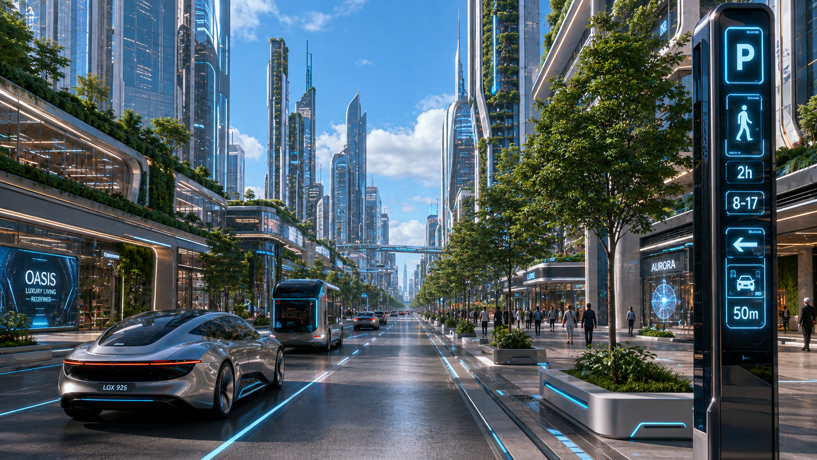 Futuristinen kaupunkikatu korkeine rakennuksineen