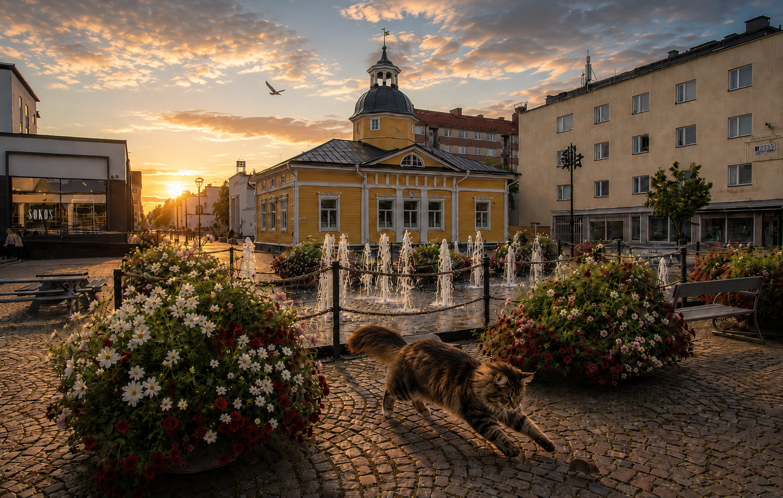 Kissa jahtaa hiirtä kukkaisella torilla auringonlaskussa