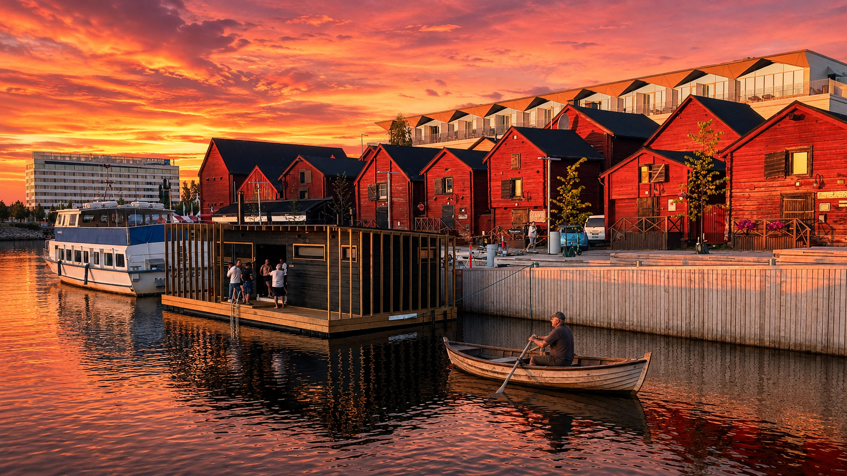 Saunalautta ja soutuvene Oulun torinrannassa punaisessa auringonlaskussa