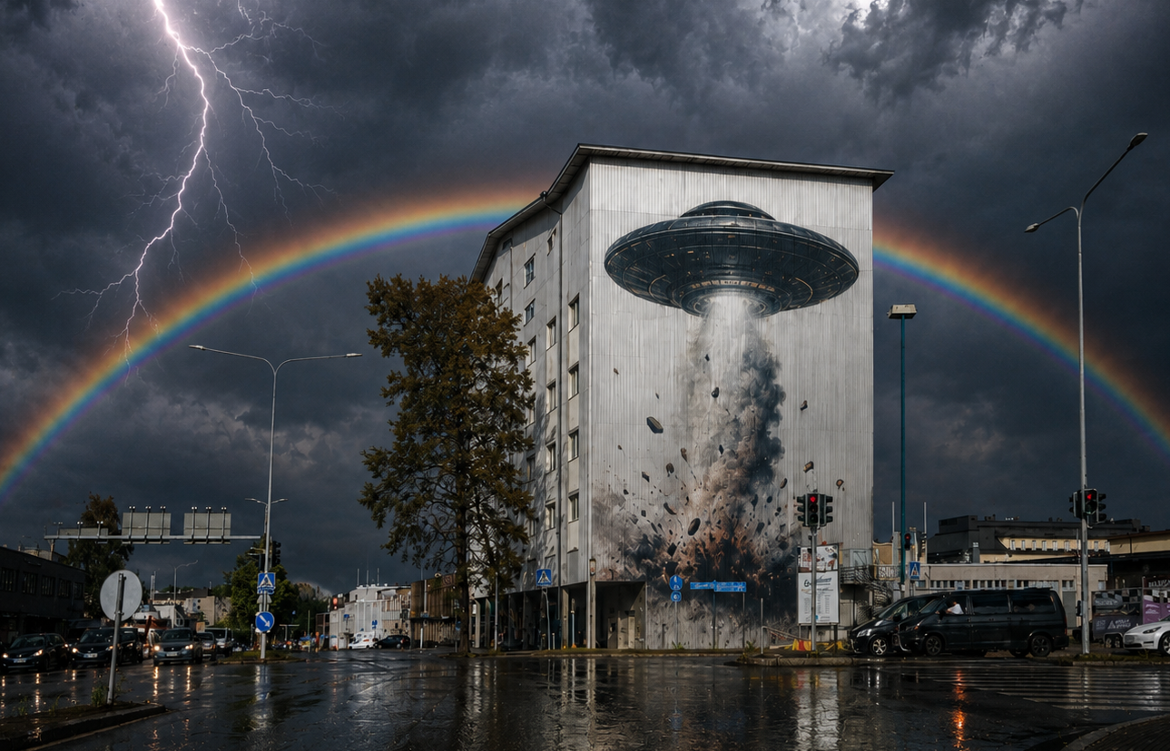 Rakennuksen seinässä UFO-aiheinen muraali, sateenkaari ja salama