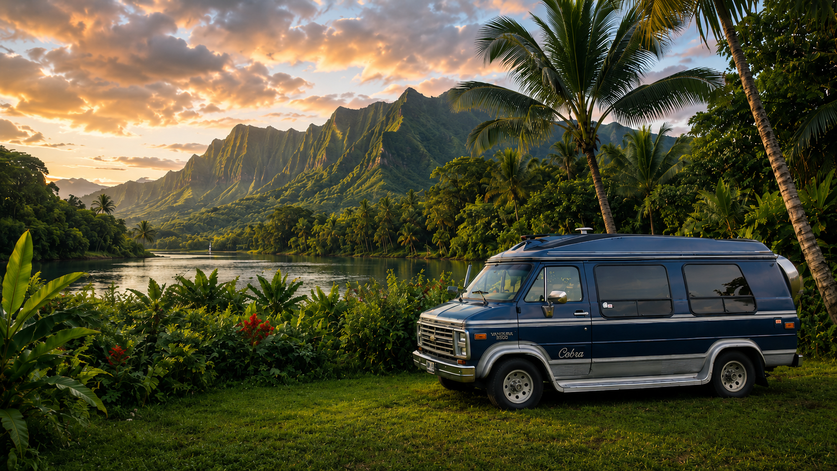 Chevy Van trooppisessa vuori- ja laguunimaisemassa